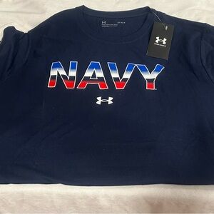 Under Armour navy men’s tee with UA logo, “nasa” on sleeve and “NAVY” on front.